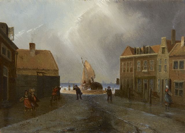 Joseph Bles | Holländisches Fischerdorf bei stürmischem Wetter, Öl auf Holz, 15,9 x 22,0 cm, Unterzeichnet u.l.