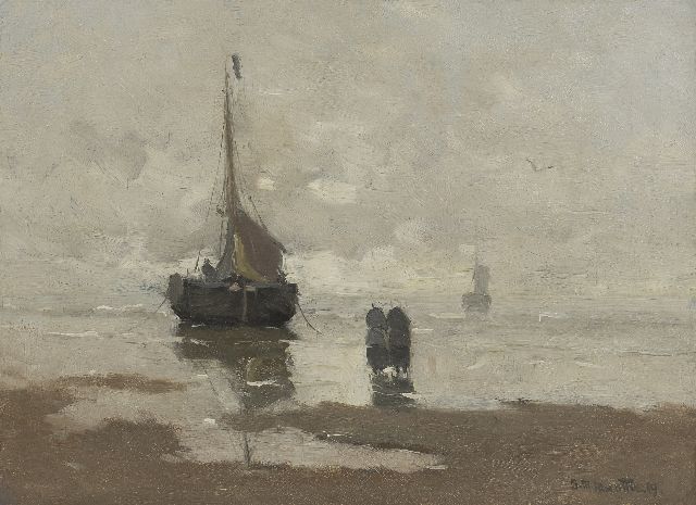 Munthe G.A.L.  | Strand mit Fischerboot, Öl auf Leinwand 32,0 x 40,0 cm, Unterzeichnet u.r. und datiert '19
