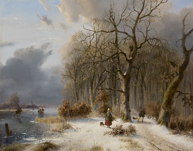 Nicolaas Roosenboom | Holzleser und Schlittschuhläufer in einer winterlichen Landschaft, Öl auf Holz, 49,4 x 63,0 cm, Unterzeichnet u.r. und datiert '41