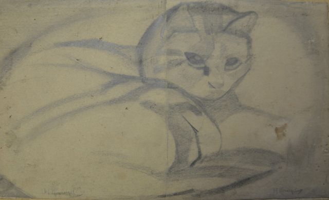 Herman Kruyder | Katze, Bleistift auf Papier, 14,9 x 25,0 cm, Unterzeichnet u.l. und u.r.