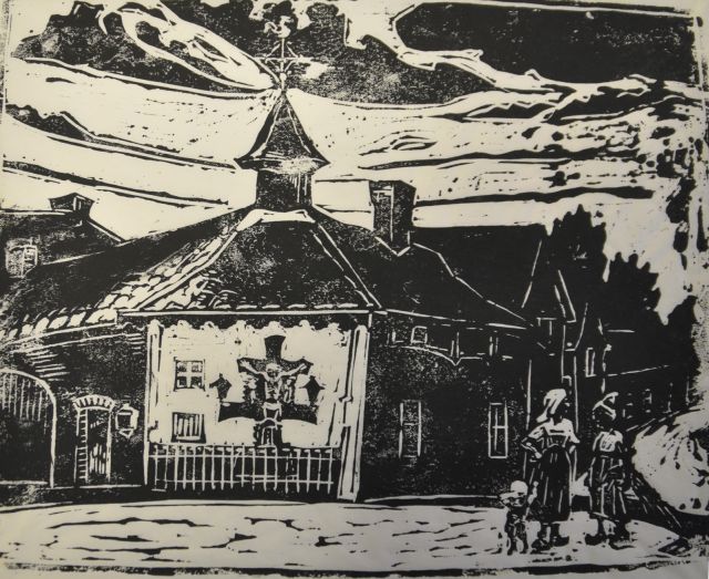 Herman Kruyder | Kirchplatz, Zuid-Limburg, Holzstich auf japanischem Papier, 18,8 x 23,5 cm