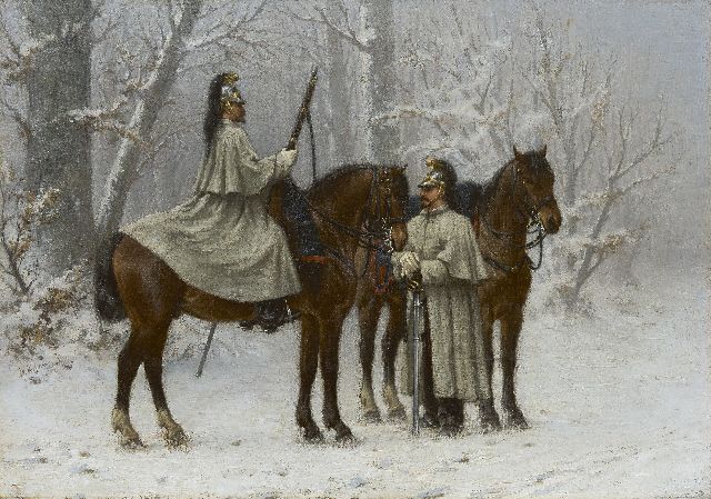 Wouter Verschuur jr. | Kavaleristen im winterlichen Wald, Öl auf Leinwand, 41,5 x 58,3 cm, Unterzeichnet l.v.d.M.