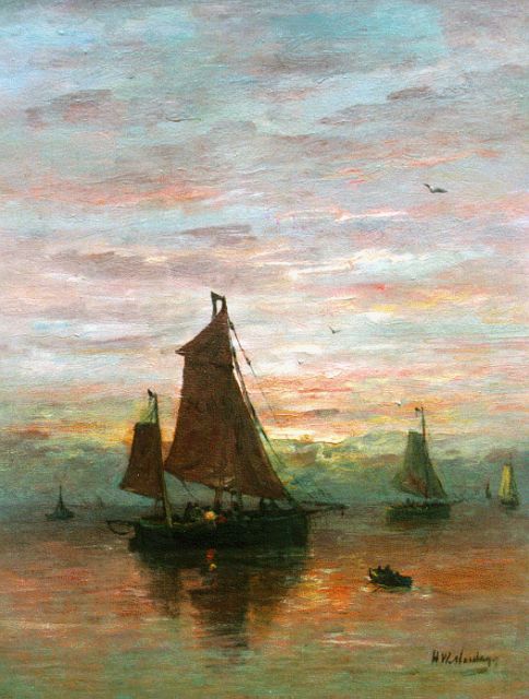 Hendrik Willem Mesdag | Sailing vessels near the coast at dusk, Öl auf Leinwand, 51,7 x 40,1 cm, signed l.r.
