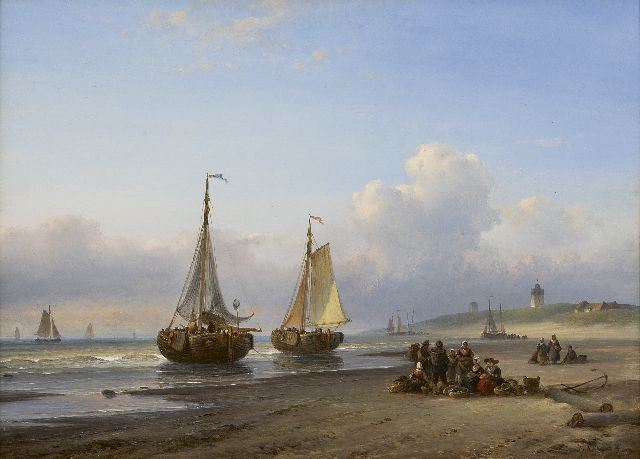 Lodewijk Johannes Kleijn | Fischerboote und Fischer auf dem Strand von Scheveningen, Öl auf Holz, 30,0 x 40,5 cm, Unterzeichnet u.r.