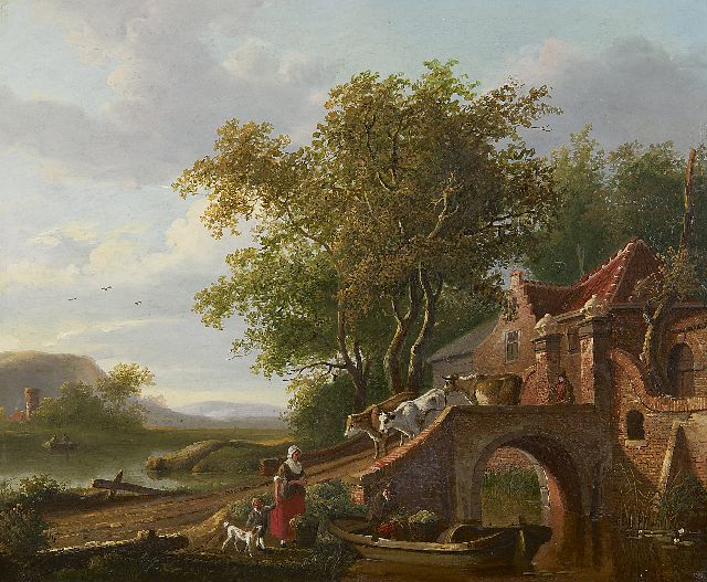 Jacobus van der Stok | Hirt mit Kühen in Sommerlandschaft (Gegenstück von Winter), Öl auf Holz, 32,1 x 38,6 cm