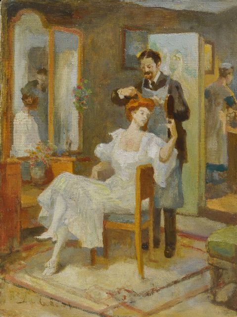 Adriaan de la Rivière | Der Friseurbesuch, Öl auf Leinwand, 40,5 x 30,8 cm, Unterzeichnet u.l.