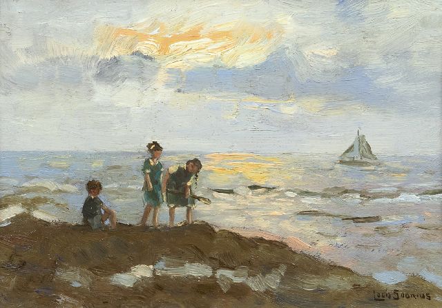 Louis Soonius | Spielende Kinder auf dem Strand, Öl auf Holz, 19,9 x 28,0 cm, Unterzeichnet u.r.