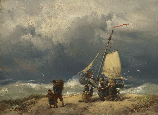 Koekkoek J.H.B.  | Fischerleute auf dem Strand in einem Sturm, Öl auf Holz 17,2 x 23,4 cm, Unterzeichnet u.l.