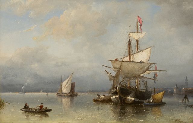 Nicolaas Riegen | Schiffe vor Anker auf dem IJ vor Amsterdam, Öl auf Leinwand, 44,5 x 67,3 cm, Unterzeichnet u.r.