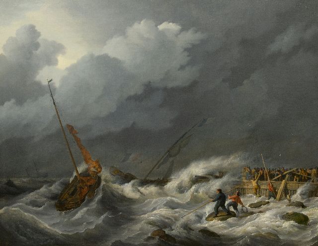Baur N.  | Segelboote vor dem Hafen in einem schweren Sturm, Öl auf Leinwand 97,2 x 123,3 cm, ca. 1810