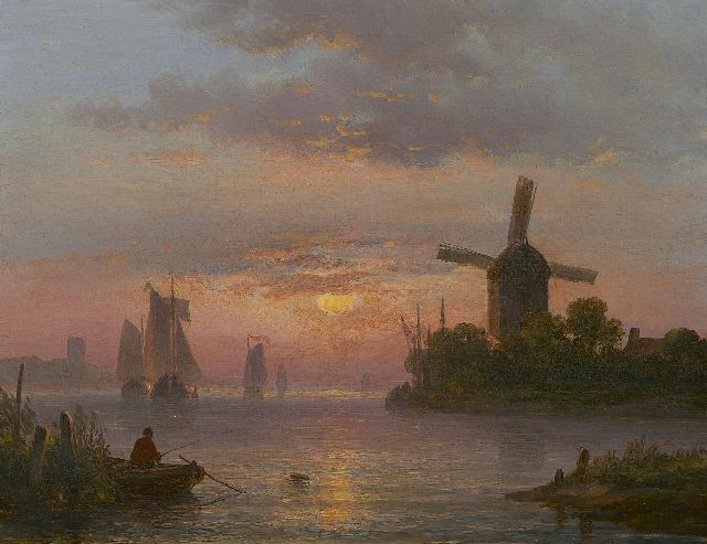 Lodewijk Johannes Kleijn | Holländische Flusslandschaft  bei Sonnenuntergang, Öl auf Holz, 21,2 x 27,4 cm