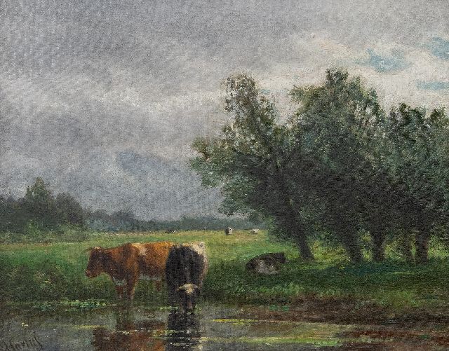 Hendrik Savrij | Kühe am Grabenrand, Öl auf Leinwand, 37,0 x 47,2 cm, Unterzeichnet u.l.
