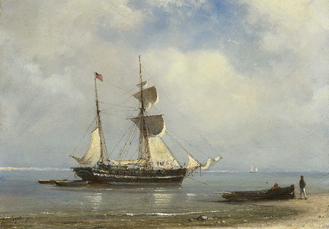 Petrus Paulus Schiedges | Schoner vor Anker auf ruhiger See, Öl auf Holz, 24,6 x 34,1 cm, Unterzeichnet u.l. und datiert '59