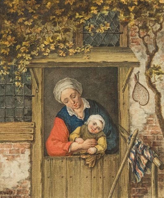 Benjamin Wolff | Bäuerin mit ihrem Kind in der Türöffnung, Aquarell auf Papier, 14,2 x 12,3 cm, Unterzeichnet u.l. und datiert 1793