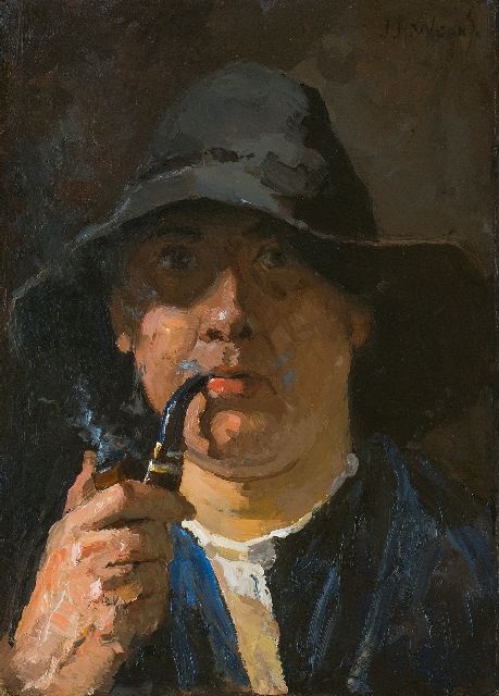 Jan Harm Weijns | Selbstporträt mit Pfeife, Öl auf Holzfaser, 42,9 x 31,7 cm, Unterzeichnet o.r.