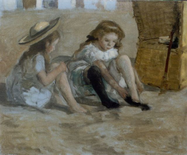 Johan Antoni de Jonge | Two girls on the beach, 22,0 x 27,0 cm