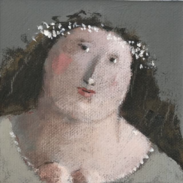 Evert van Hemert | Maria mit Kranz aus Schleierkraut, Acryl auf Leinwand, 10,1 x 10,1 cm, Unterzeichnet Unterseite des Leinwands