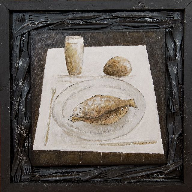 Evert van Hemert | Das Künstlerfrühstück, Acryl auf Leinwand, 57,0 x 57,0 cm, Unterzeichnet u.r. auf Messer mit Monogramm und datiert MMXVII