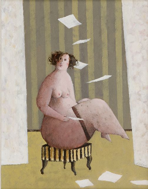 Evert van Hemert | Der Brief, Acryl auf Holzfaserplatte, 46,0 x 36,0 cm, Unterzeichnet r.u. auf dem Vorhang