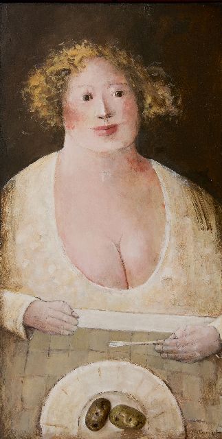 Evert van Hemert | Die Kartoffelesserin, Acryl auf Holzfaserplatte, 91,8 x 37,3 cm, Unterzeichnet u.l. und u.r. und datiert XIV