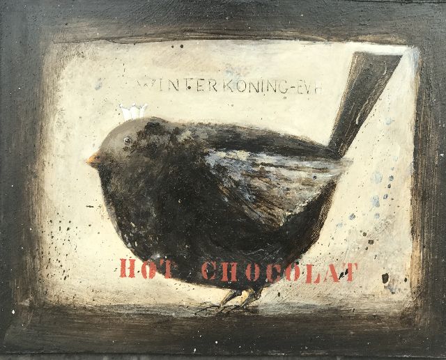 Hemert E. van | Zaunkönig, Acryl auf Holzfaserplatte 20,1 x 25,3 cm, Unterzeichnet M.o. mit Initialen