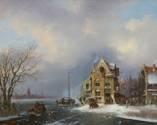 Jacobus van der Stok | Lebhafter Tag in einer Stadt an einem zugefrorenen Fluss, Öl auf Leinwand, 40,8 x 50,6 cm, Unterzeichnet u.r. und datiert '59