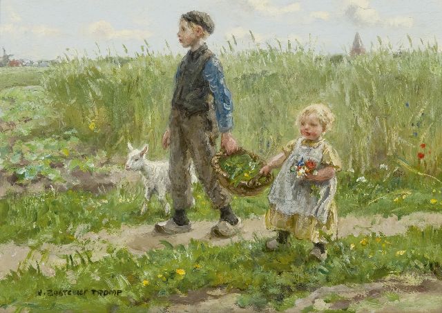 Jan Zoetelief Tromp | Kinder spazieren am Getreidefeld entlang bei Blaricum, Öl auf Holz, 24,3 x 33,8 cm, Unterzeichnet u.l