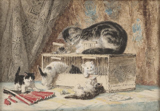 Henriette Ronner | Eine Katze mit Kätzchen die mit einem Vogelkäfig spielen, Aquarell auf Papier, 30,2 x 43,9 cm, Unterzeichnet u.r. auf bemaltem Aufkleber