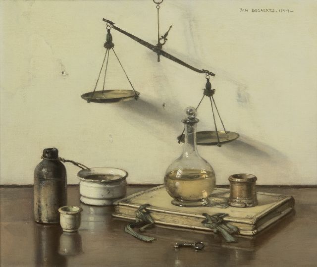 Jan Bogaerts | Stilleben mit Waage, Buch und Karaffe, Öl auf Leinwand, 36,0 x 42,9 cm, Unterzeichnet o.r. und datiert 1944