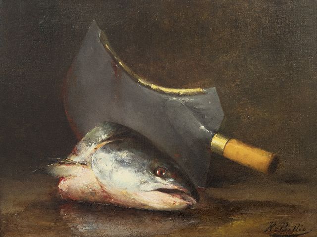 Bellis J.L.  | Stilleben mit einem Fischkopf und Hackmesser, Öl auf Leinwand 47,2 x 63,0 cm, Unterzeichnet u.r.