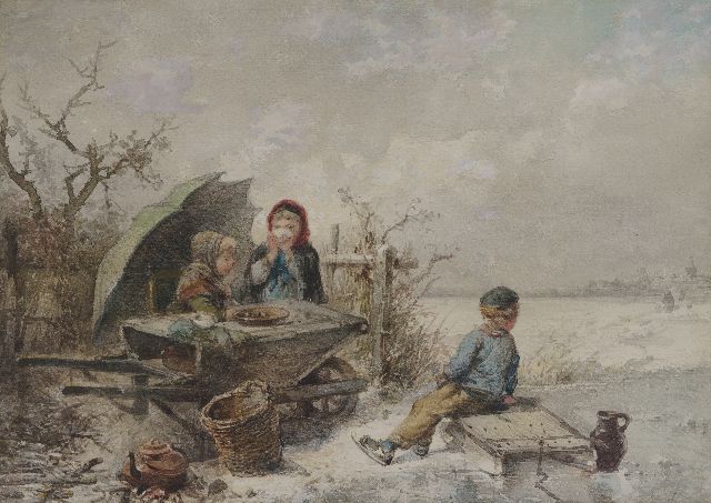 Mari ten Kate | Kinder spielend auf dem Eis, Aquarell auf Papier, 25,4 x 35,1 cm, Unterzeichnet u.l. (mit Resten von Signatur)
