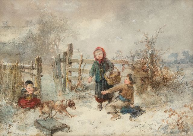 Mari ten Kate | Kinder spielend im Schnee, Aquarell auf Papier, 25,7 x 35,9 cm, Unterzeichnet u.l.
