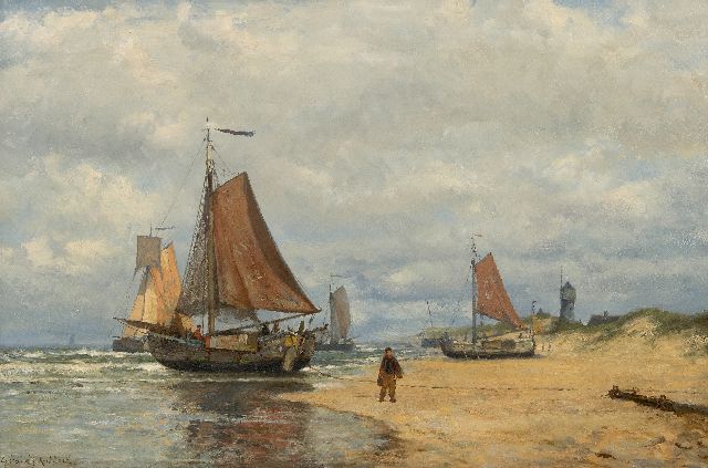 Koekkoek G.J.  | 'Bomschiffe' auf dem Strand von Katwijk, Öl auf Leinwand 52,5 x 79,5 cm, Unterzeichnet u.l.