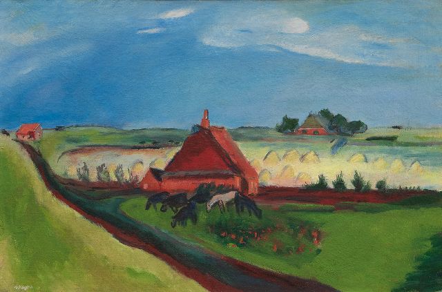 Jan Wiegers | Polderlandschaft mit Seedeich, Groningen, Wachsfarbe auf Leinwand, 53,0 x 80,3 cm, Unterzeichnet u.l. und zu datieren um 1930-1933