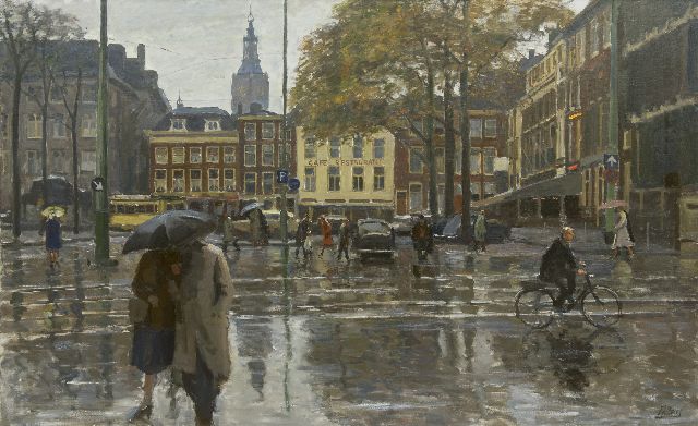 Piet van Boxel | Spazierend, zusammen unter dem Regenschirm im  Haag, Öl auf Leinwand, 100,5 x 160,5 cm, Unterzeichnet u.r. und zu datieren sechziger Jahre