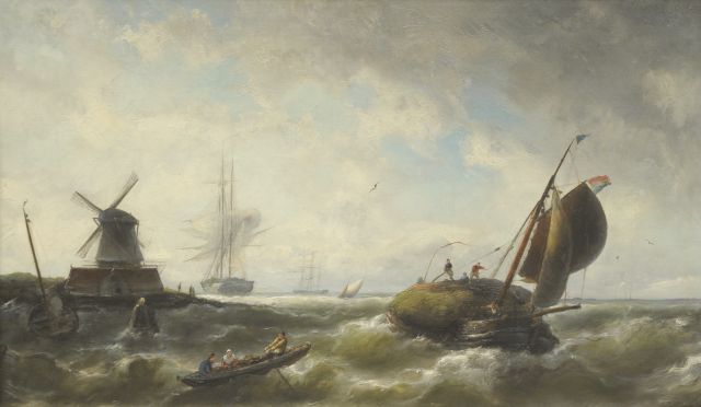 Nicolaas Riegen | Hafenmündung mit Segelschiffen in starker Brise, Öl auf Leinwand, 43,9 x 74,2 cm, Unterzeichnet u.l.