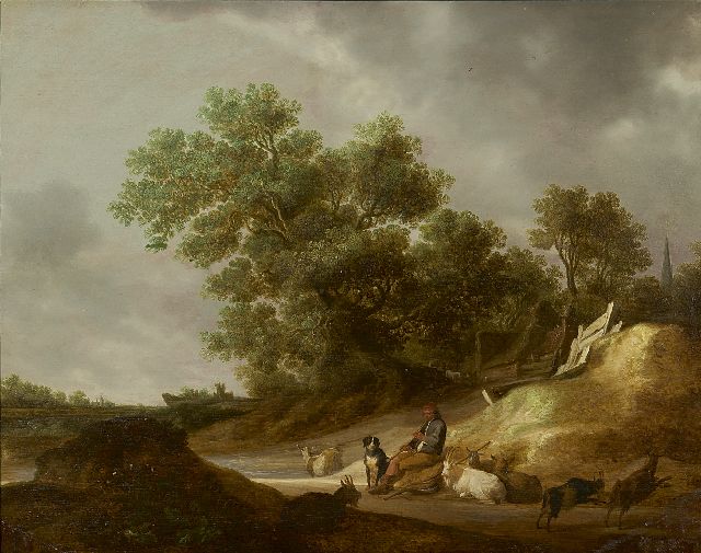Frans de Hulst | Hirt mit Flöte in einer Landschaft, Öl auf Holz, 54,0 x 69,0 cm, Unterzeichnet u.l.