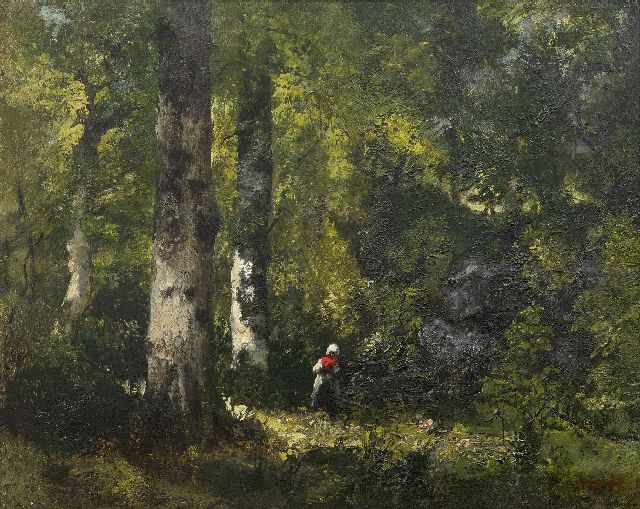 Narcisse Virgile Diaz de la Peña | Holzsammlerin im Wald von Fontainebleau, Öl auf Malereifaser, 32,3 x 40,6 cm, Unterzeichnet u.r.