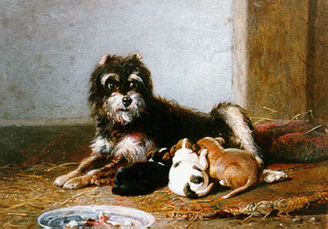 Bernard te Gempt | A dog with puppies, Öl auf Holz, 17,7 x 23,1 cm, signed u.r. und dated 1860