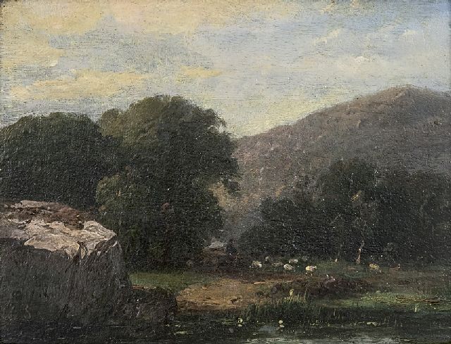 Andreas Schelfhout | Hügellandschaft mit Schafen und einem Hirten, Öl auf Tafel, 13,8 x 17,5 cm, Unterzeichnet u.l. mit Initialen