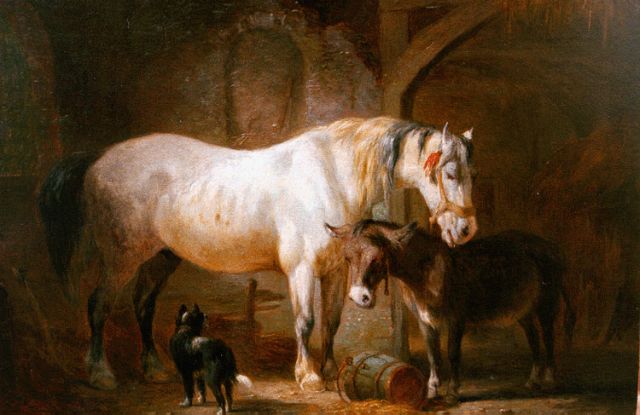 Pieter Frederik van Os | A stable interior with horse and donkey, Öl auf Holz, 15,5 x 22,3 cm, signed l.l.