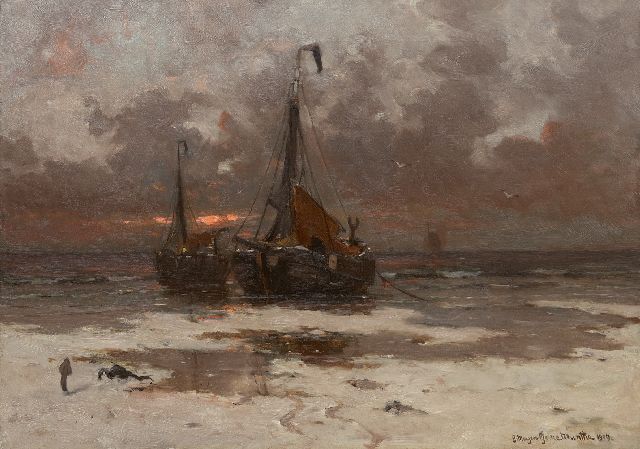 Munthe G.A.L.  | Fischerboote vor Anker bei untergehender Sonne, Öl auf Leinwand 59,0 x 86,7 cm, Unterzeichnet u.r. und datiert 1909