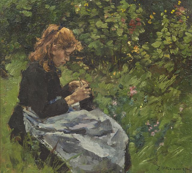 Johannes Evert Akkeringa | Strickendes Mädchen im Garten, Öl auf Tafel, 23,6 x 25,7 cm, Unterzeichnet u.r.