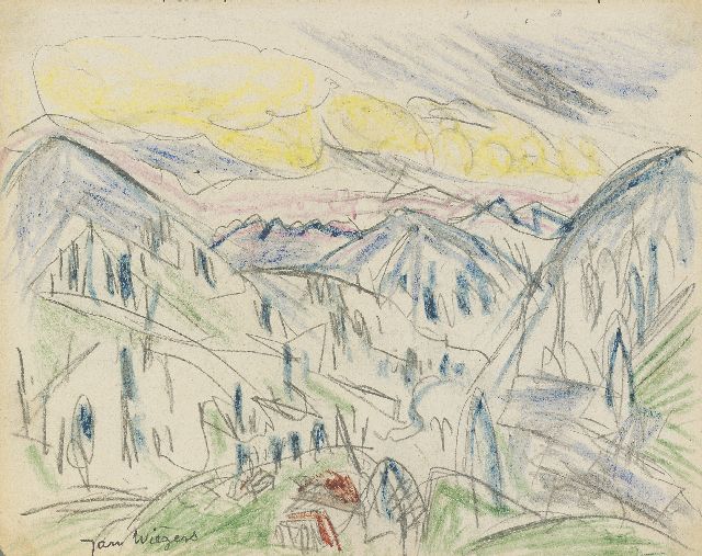 Jan Wiegers | Berglandschaft Davos; verso: Porträt eines Jungen, Bleistift und Wachskreide auf Papier, 17,5 x 21,5 cm, Unterzeichnet u.l. und zu datieren um 1920