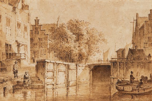 George Pieter Westenberg | Die Oude Haarlemmersluis zu Amsterdam, in die Richtung der Martelaarsgracht gesehen, Feder, Pinsel und Tinte auf Papier, 11,8 x 17,4 cm, Unterzeichnet im Verso und datiert 1822