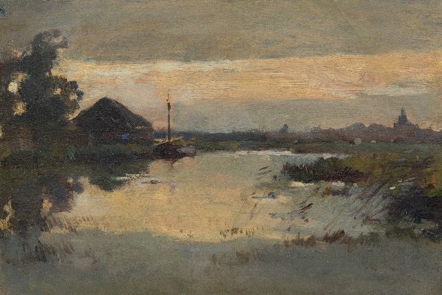 Aris Knikker | Flussansicht am Abend, Öl auf Leinwand auf Tafel, 23,2 x 33,4 cm