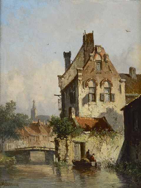 Adrianus Eversen | Angler in der Stadtgracht, im Sommer, Öl auf Tafel, 19,0 x 14,9 cm, Unterzeichnet u.l.