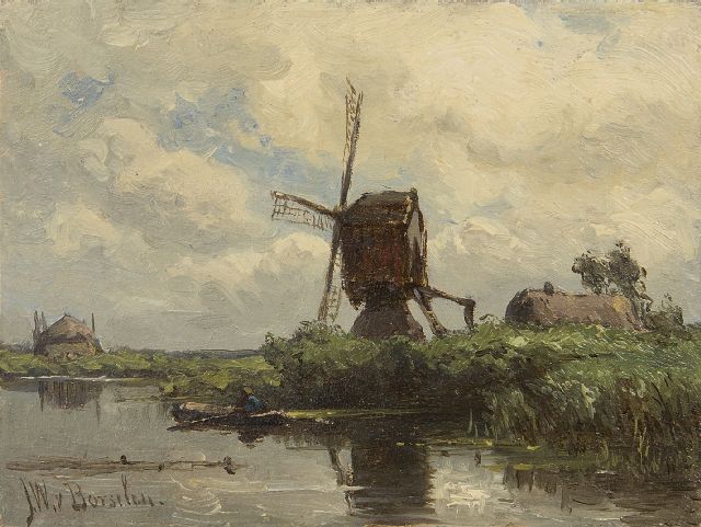 Jan Willem van Borselen | Bockwindmühle am Wasser, Öl auf Holz, 9,0 x 11,9 cm, Unterzeichnet u.l.