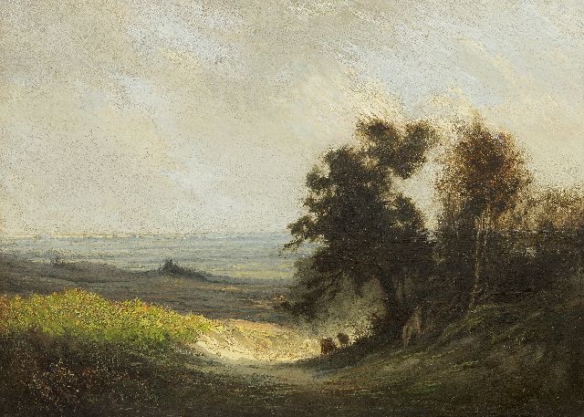 Michel G.  | Panoramalandschaft mit zwei grasenden Kühen, Öl auf Holz 28,3 x 39,2 cm