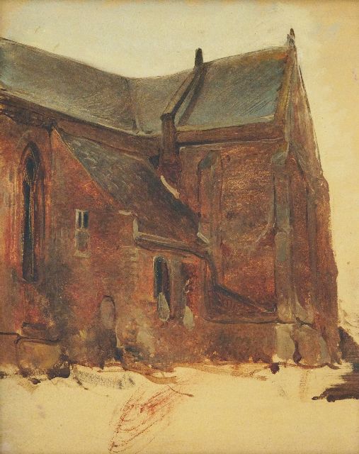 Bosboom J.  | Exterieurskizze von einer Kirche, Öl auf Holz 30,7 x 25,2 cm
